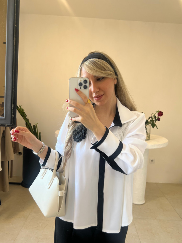 شومیز زنانه کرپ حریر مجلسی گلدار سفید مشکی