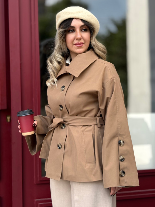 بارونی زنانه کمربنددار کوتاه ضداب رنگبندي