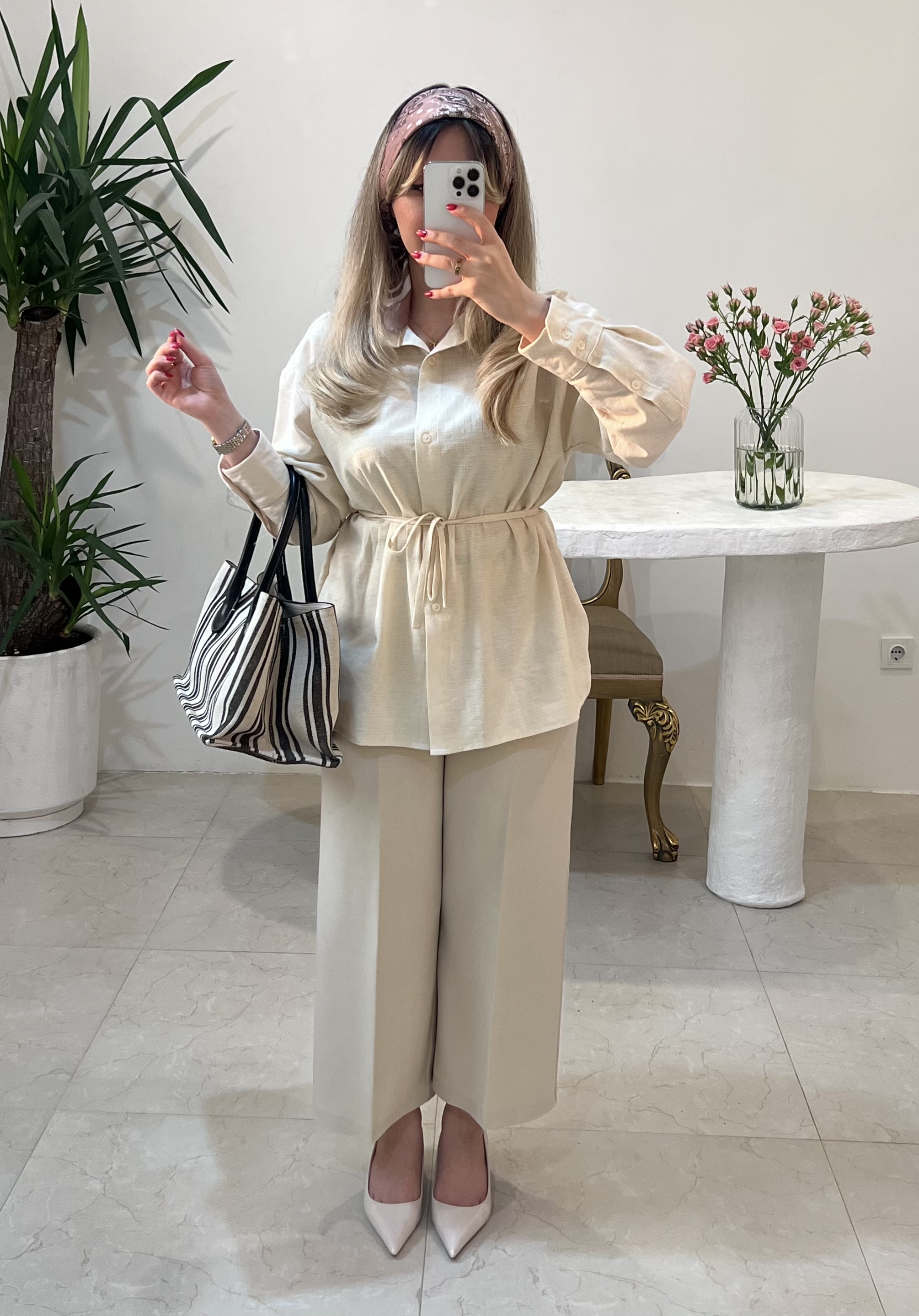 شومیز زنانه لینن نچرال کمربنددار