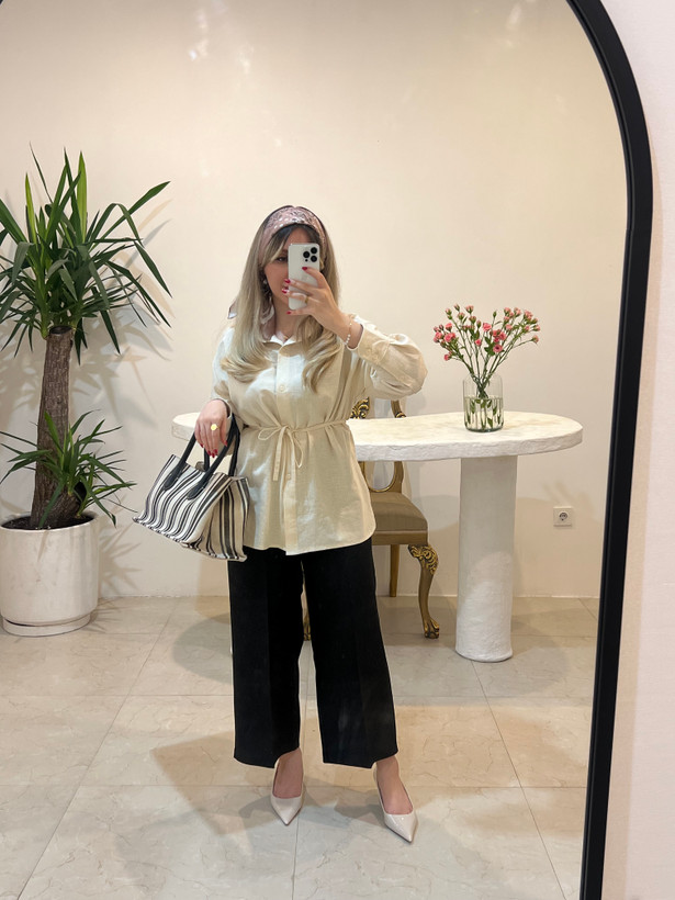 شومیز زنانه لینن نچرال کمربنددار