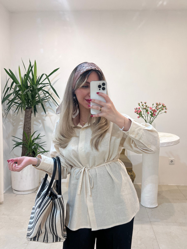 شومیز زنانه لینن نچرال کمربنددار