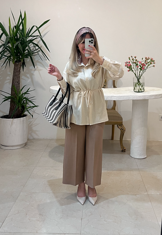 شومیز زنانه لینن نچرال کمربنددار