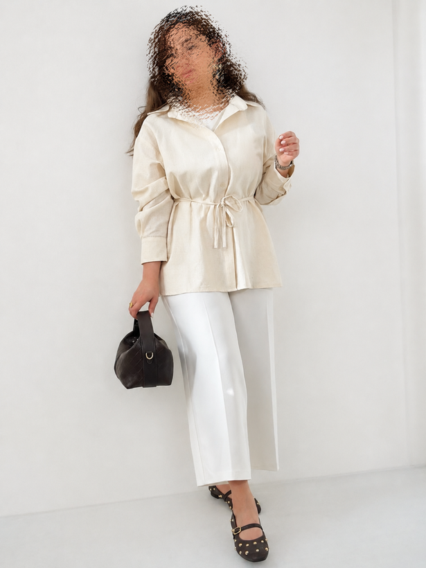 شومیز زنانه لینن نچرال کمربنددار